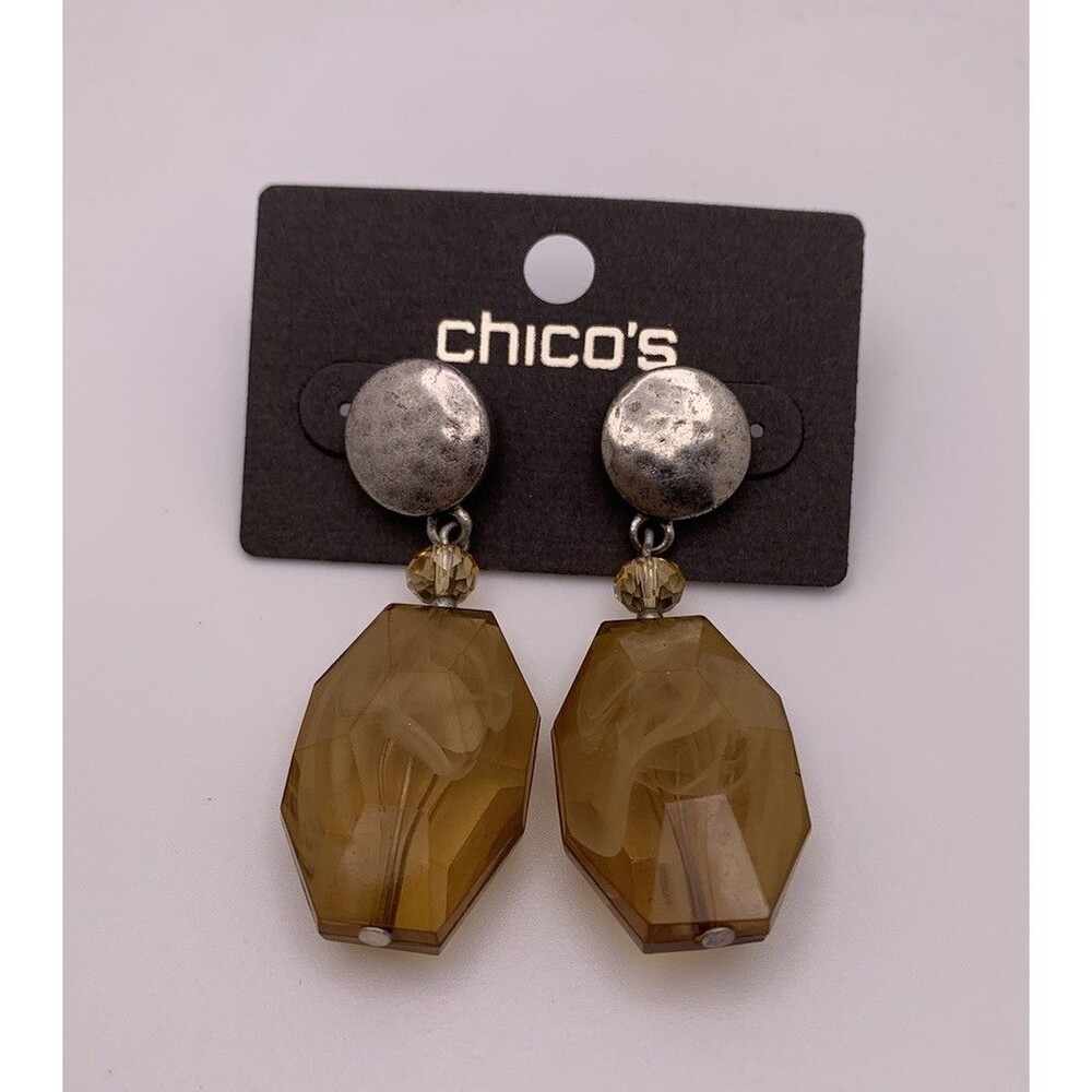 Chicos Smoky Gold Faceted Drop Earrings Dangle Silver Tone New